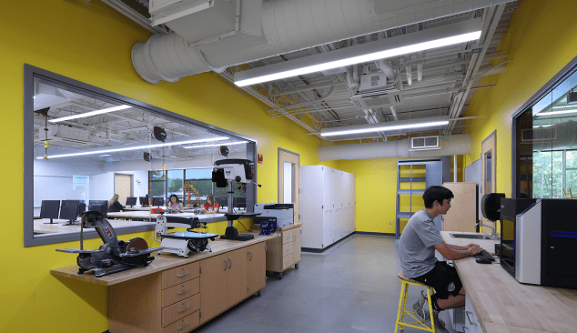 A maker space connects two engineering classrooms, giving students an area to experiment and test designs. 

Classrooms are designed with suspended electrical receptacles to accommodate flexible learning. 
