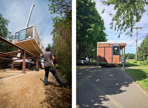 Left: Prefab modules being set by crane / Right: Prefab modules being delivered by truck