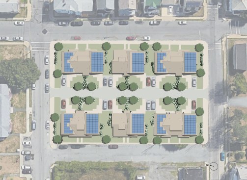 South facing roofs will accommodate solar panels. Roofs are drained toward rain gardens that screen adjacent yards from one another.