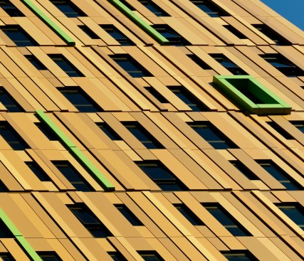 Exterior of MassArt Student Residence Hall inspired by Gustav Klimt's Tree of Life