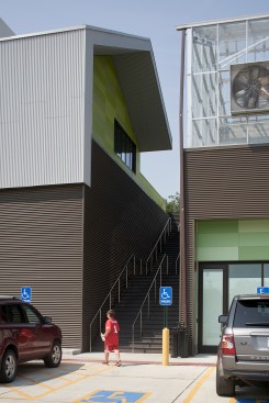 There are several points of access to each building, such as this staircase between the greenhouse and events space.