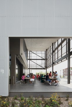 The covered patio outside the food hall was filled for the Accelerator's opening community day this summer.