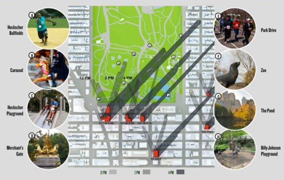 Central Park shadow projections for September 21 as published in the "Accidental Skyline" report