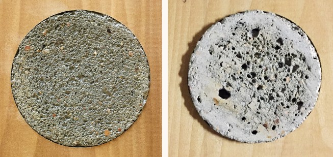 Concrete puck mixes, prepped for acoustic tests