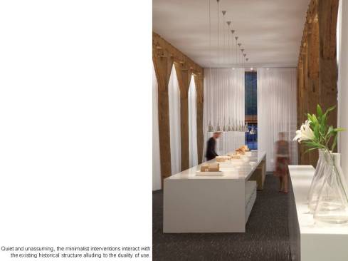 Quiet and unassuming, the minimalist interventions interact with the existing historical structure alluding to the duality of use