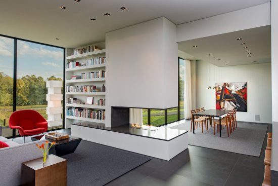 Walker Road modern home library and reading room with ethanol fireplace