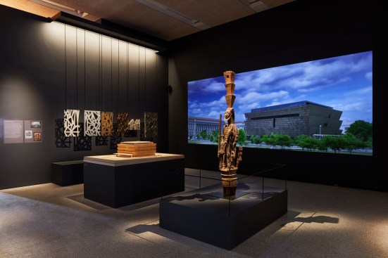 David Adjaye's Smithsonian National Museum of African American History and Culture installation for the "Making Memory" exhibition at the Design Museum in London.