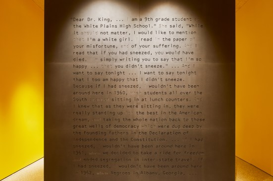 David Adjaye's Coretta Scott King and Martin Luther King Jr. Memorial installation for the "Making Memory" exhibition at the Design Museum in London.