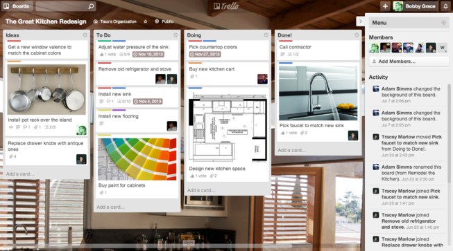 Trello organizes information on virtual cards, which can be sorted and edited.