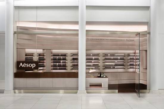 The Aesop World Trade Center store in New York, located in the Oculus of the Santiago Calatrava, Hon. FAIA-designed transportation hub, references the nearby train tracks with its sinuous design of burlap and Cor-Ten steel.