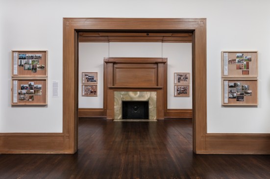 The exhibition at the Graham Foundation displays the architecture in 5x7 photographs arranged in shadowboxes.