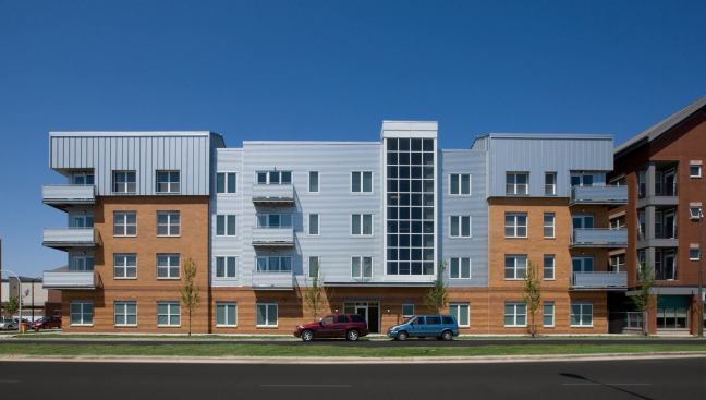 Park Boulevard- Chicago, IL This 21-unit, mixed-income condominium building is part of Phase I within a 33-acre, four phase development that will encompass more than 1,300 housing units when complete. The overall plan provides replacement housing for the Chicago Housing Authority's Stateway Gardens. Building facades reflect the diverse architectural nature of the surrounding Bronzeville neighborhood and IIT campus. Long facades are modulated through a variety of materials and their subtle variation. Brick is deployed in various color combinations. Metal balconies, canopies, and copings adopt both ribbed and smooth articulation. 
Architect: UrbanWorks Ltd.