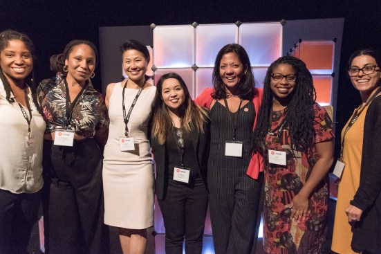 The Building an Equitable Workplace from the Bottom Up session was led by (from leftmost to center) Melissa Daniel, Assoc. AIA, Morgan Pegus-Thomas, Natalie Tse, and Samantha McCloud, AIA. Beyond is an illuminated installation that aggregates daily actions, initiatives, and proclamations that session attendees pledged to take to change their firms, colleagues, and career journeys.