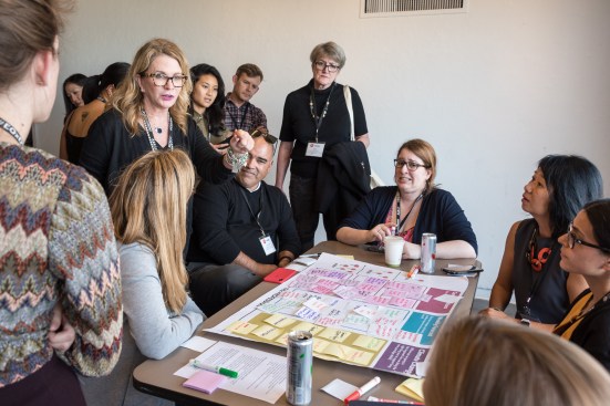 Meg Brown (standing, at left) in a discussion during the Equity Climate breakout, in which participants assessed the equity climate of their workplace.