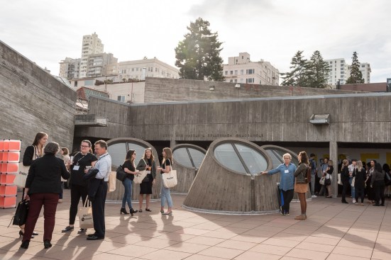 Networking break in the SFAI courtyard
