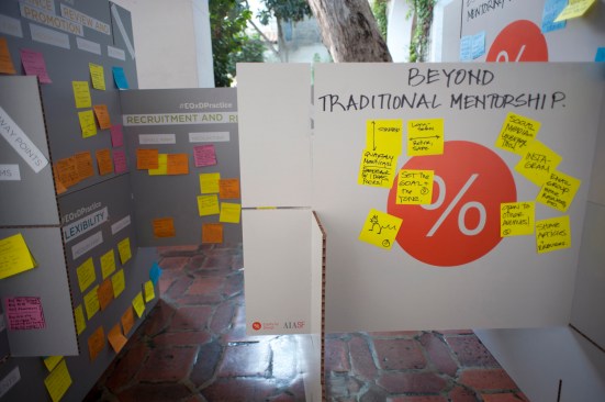 A large-scale house of cards features ideas brainstormed during AIA San Francisco's 2016 Equity by Design symposium to promote equity in architectural practice.