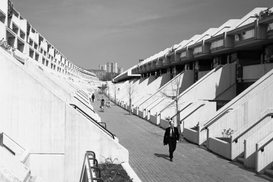 Alexandra Road Estate, Camden, London: the pedestrian street between blocks A and B looking north-east