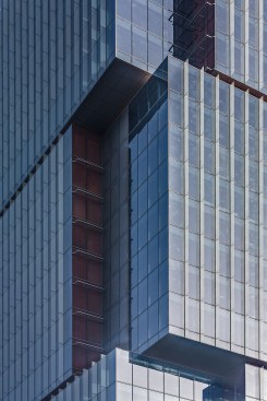 A closeup view of the building's intricately arranged volumes.