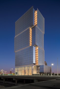 A nighttime view of the building.