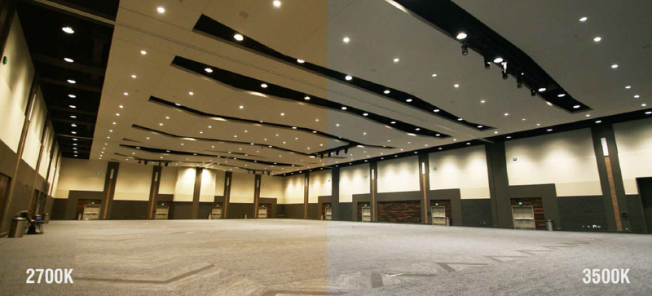 Comparison between the appearances of 2700K and 3500K Color Temperature at Allen County War Memorial Coliseum in Fort Wayne.