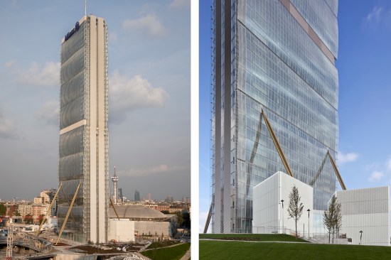 View from west; View of tower base from south, showing pavilions containing meeting rooms and cooling towers 