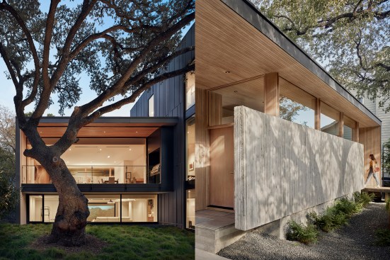 Left: The lowest of the main residence’s three levels “[tucks] unobtrusively into the hillside and [opens] onto this new landscape,” according to Alterstudio’s project description; Right: A board-formed concrete wall affords privacy at the entrance to the main house. 