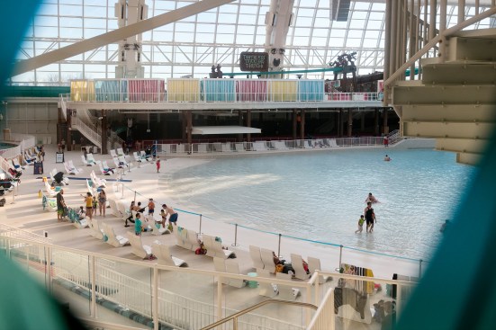 The wave pool, an attraction for children during the day, was designed to host host roller disco or fashion shows at night.