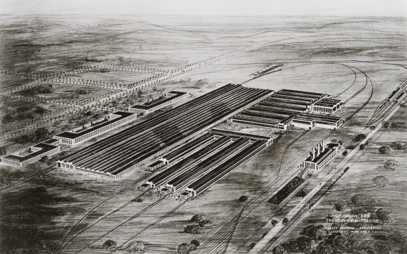 A 1932 rendering of the Soviet Diesel Tractor Assembly Plant designed by Detroit architecture firm Albert Kahn, Inc.