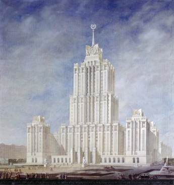 A rendering of Arkadi Mordvinov and Vyacheslav K. Oltarzhevsk’s Hotel Ukrania (1948–54), the world’s tallest hotel at the time of its completion and one of the so-called Seven Sisters skyscrapers that Stalin erected in Moscow. The building is now a Radisson hotel.