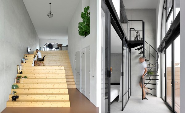  Each unit is customizable; this one features a monumental stair with built-in storage. At the top, a spiral stair leads down to a bedroom.