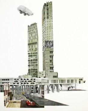Marshall Brown Projects, Dequindre Civic Academy, 2016. Towards a Coordinate Unit, handmade collage on inkjet print, 40x50 inches. Speculative project spanning Detroit’s Dequindre Cut greenway, from "The Architectural Imagination: US Pavilion, 15th International Architecture Exhibition."