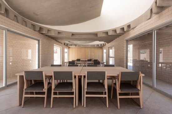 Classroom in the welcome and education center at the Apan Housing Laboratory in Apan, Mexico, designed by MOS.