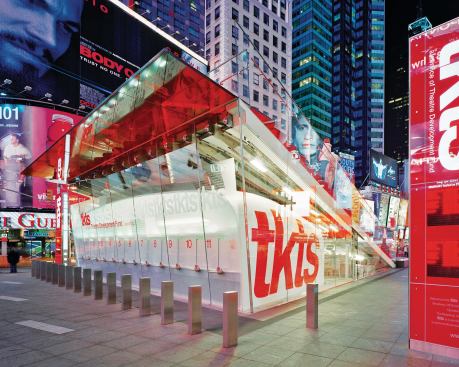 Getting the red color right for the glazing was a tricky task. "I have the red glass museum in the office," Leahy jokes: His team assembled more than 100 samples, and mock-ups were prepared to study the effects. "Times Square is visual cacophony," says Leahy of the surrounding context. "We tried to make this the eye in the storm--a very quiet thing." The red glow is intended to attract people to the steps, but achieving an even texture to the light was essential in creating a warm beacon.