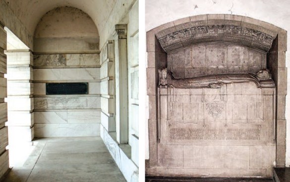 The gravesites of William Strickland in Nashville (left) and Bertram Goodhue in Manhattan