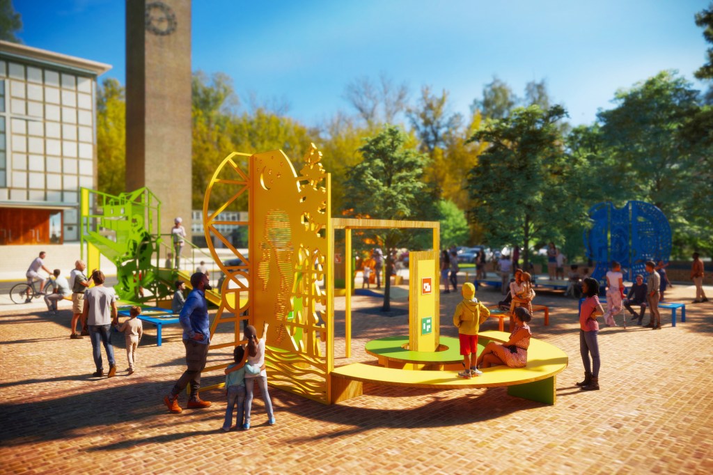 Archival/Revival by Olalekan Jeyifous, sited at the I.M. Pei–designed Cleo Rogers Memorial Library plaza