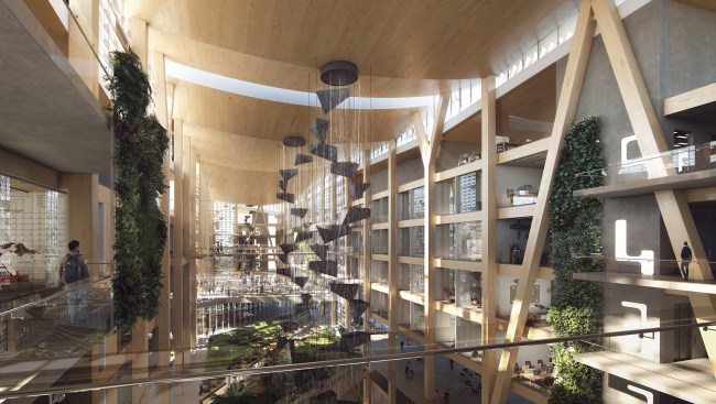Conceptual scheme for Interdisciplinary Science and Technology Building Number Seven at Arizona State University in Tempe, Ariz., showing atrium with integration of public transit on site.