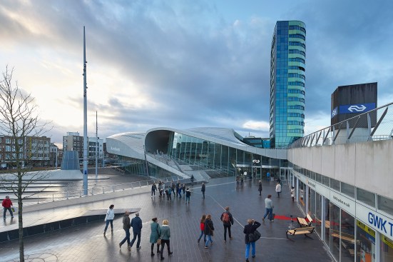 Entry plaza with view of bus parking