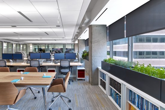 Lutron Hyperion solar responsive shades welcome daylight and preserve the beautiful view, enable excellent daylight penetration in the space, and minimizing glare and heat gain to ensure a comfortable environment throughout the day. 