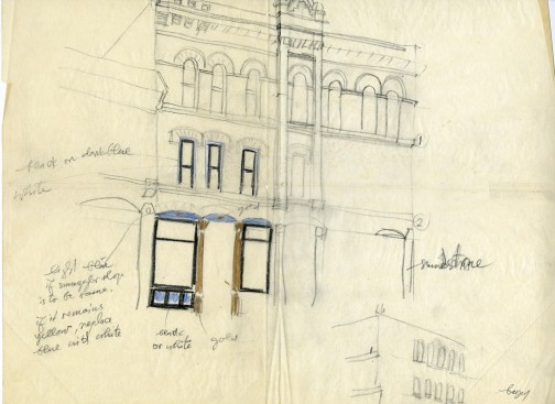 Bayer's drawing of his remodel of the Paragon Building in Aspen, circa 1946