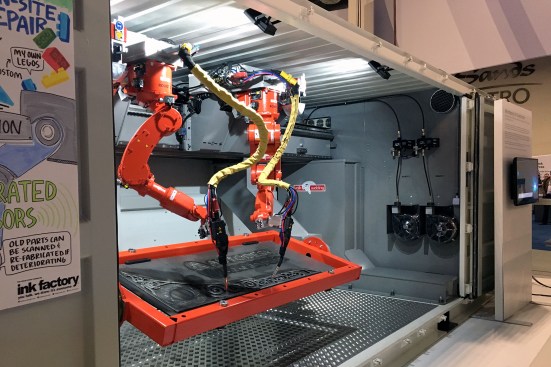 The Valk Welding group showcased two Panasonic TS-950 robots for directed energy deposition (DED), a form of additive manufacturing that produces large, strong, and usable metal components. Autodesk envisions this shipping container as part of a large-scale, self-contained, additive-manufacturing toolbox that delivers robots to construction sites with their own work environment.