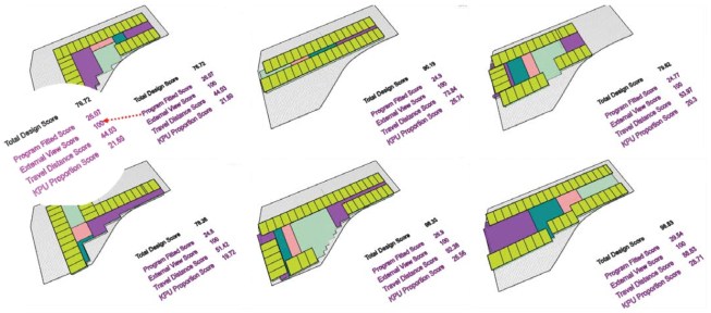 Perkins+Will's John Haymaker showed several images in his presentation of the space plan generator. The image above shows several iterations of a space plan for healthcare design created through automation. To achieve this workflow, the Perkins+Will team used Autodesk's Dynamo Studio and Project Fractal, in addition to creating custom software and scripts. A full case study of this project has been published as part of the ACADIA 2017 proceedings.