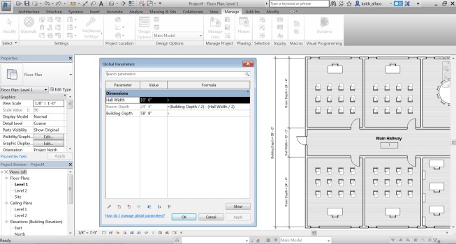 Users can embed design intent in a model by using Global Parameters to drive dimension- and element-instance parameters.