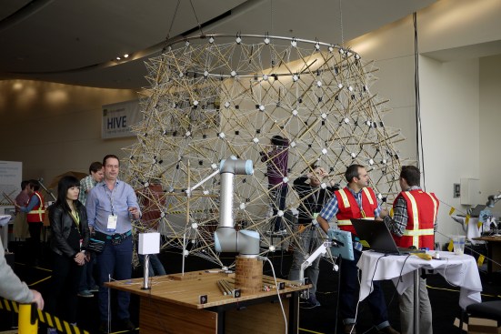 The full-scale Hive pavilion merges traditional craftsmanship and computational design. It was conceptualized by Autodesk as a human-computer collaboration that neither could construct on its own.