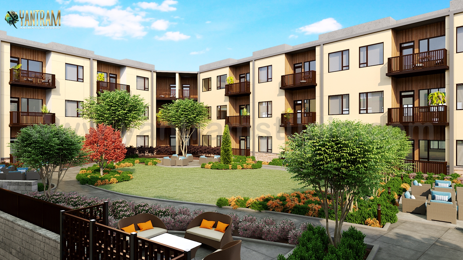 Residential Courtyard Community of 3d exterior rendering services by architectural rendering studio