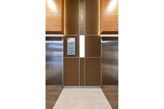 LEVELe Wall System with Capture panels; insets in Bonded Bronze with Natural Patina and Kalahari pattern; LightPlane panels in ViviChrome Chromis glass with White interlayer and Standard finish at Princeton Medical Arts Pavilion, Plainsboro, New Jersey