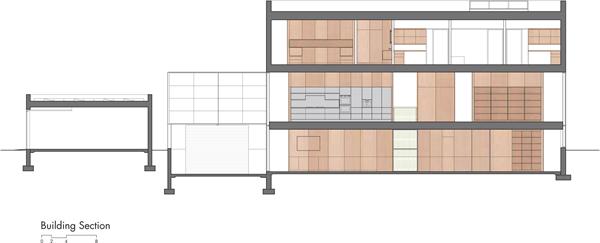 A longitudinal section through the building.