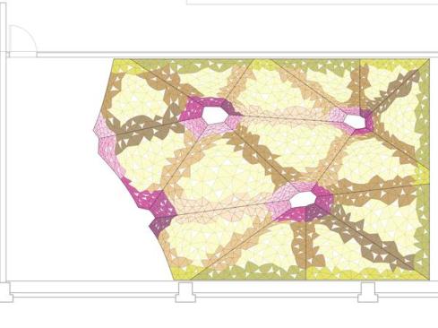 This installation had to be constructed in a very specific order, with each phase represented by a different color in this diagram. The column feet (in pink) had to be constructed first, followed by the ribs of the vaults (brown), the perimeter (green), and the infill spaces on top of the vaults (yellow).