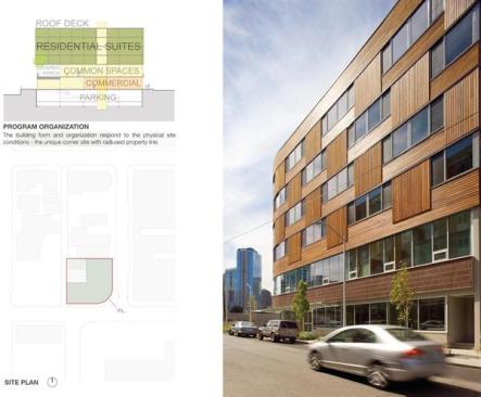 The building's rounded corner responds to its radiused property line.