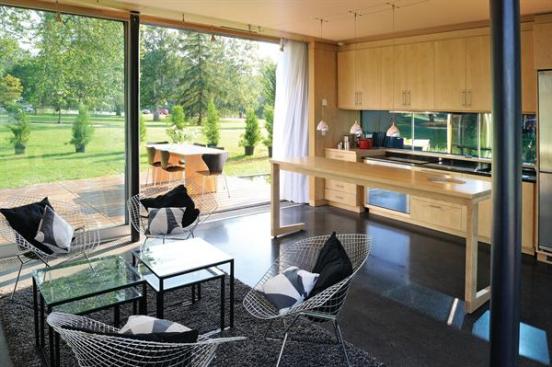 The kitchen and living room of LumenHaus, which Virginia Tech designed for the Solar Decathlon.