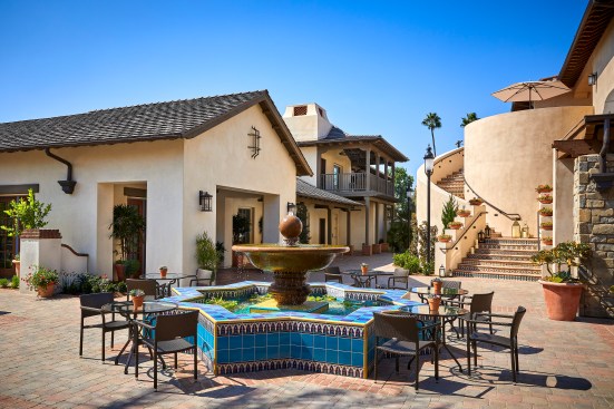 The property features a series of meandering courtyards inspired by Old California haciendas.